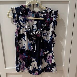 Elie Tahari Navy, White and Purple Ruffled Tie-Neck Top